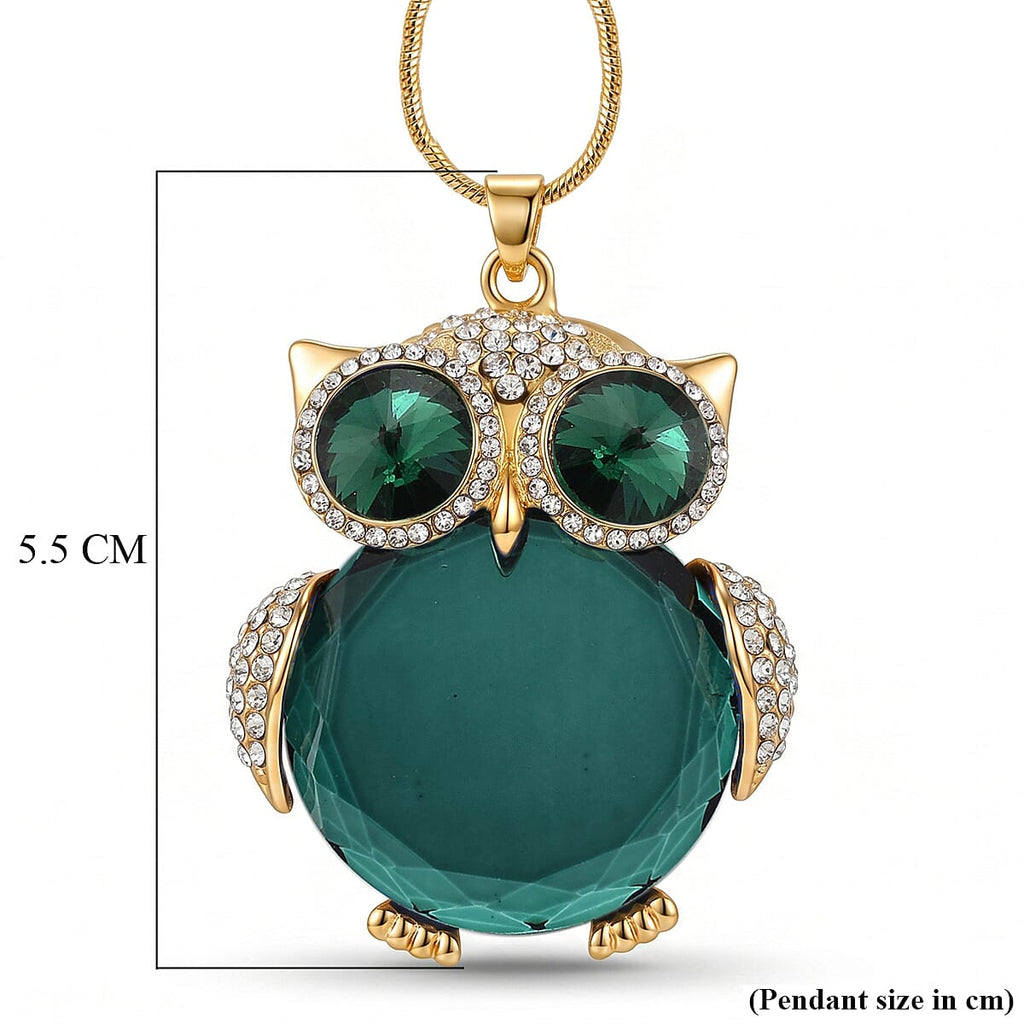 Green & White Crystal Owl Pendant With Snake Necklace (Size - 28-2 Ext) With Lobster Clasp