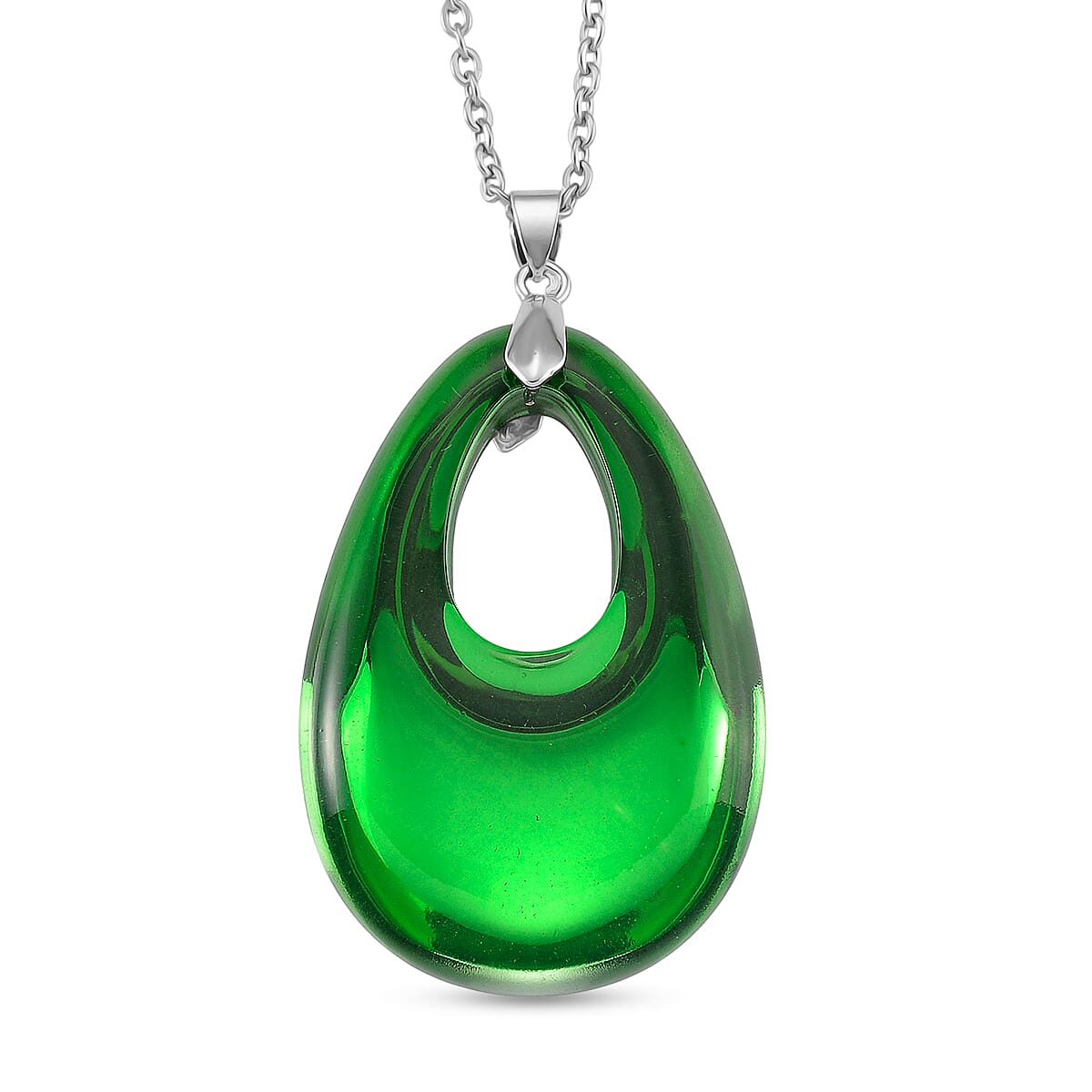 Green Crystal Teardrop Pendant with Chain (Size 24) in Silver Tone (48x32) V32513275 0