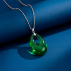 Green Crystal Teardrop Pendant with Chain (Size 24) in Silver Tone