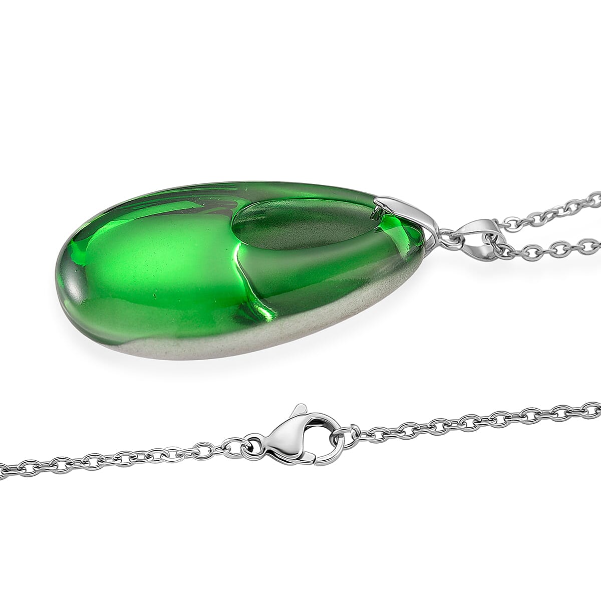 Green Crystal Teardrop Pendant with Chain (Size 24) in Silver Tone (48x32) V32513275 3