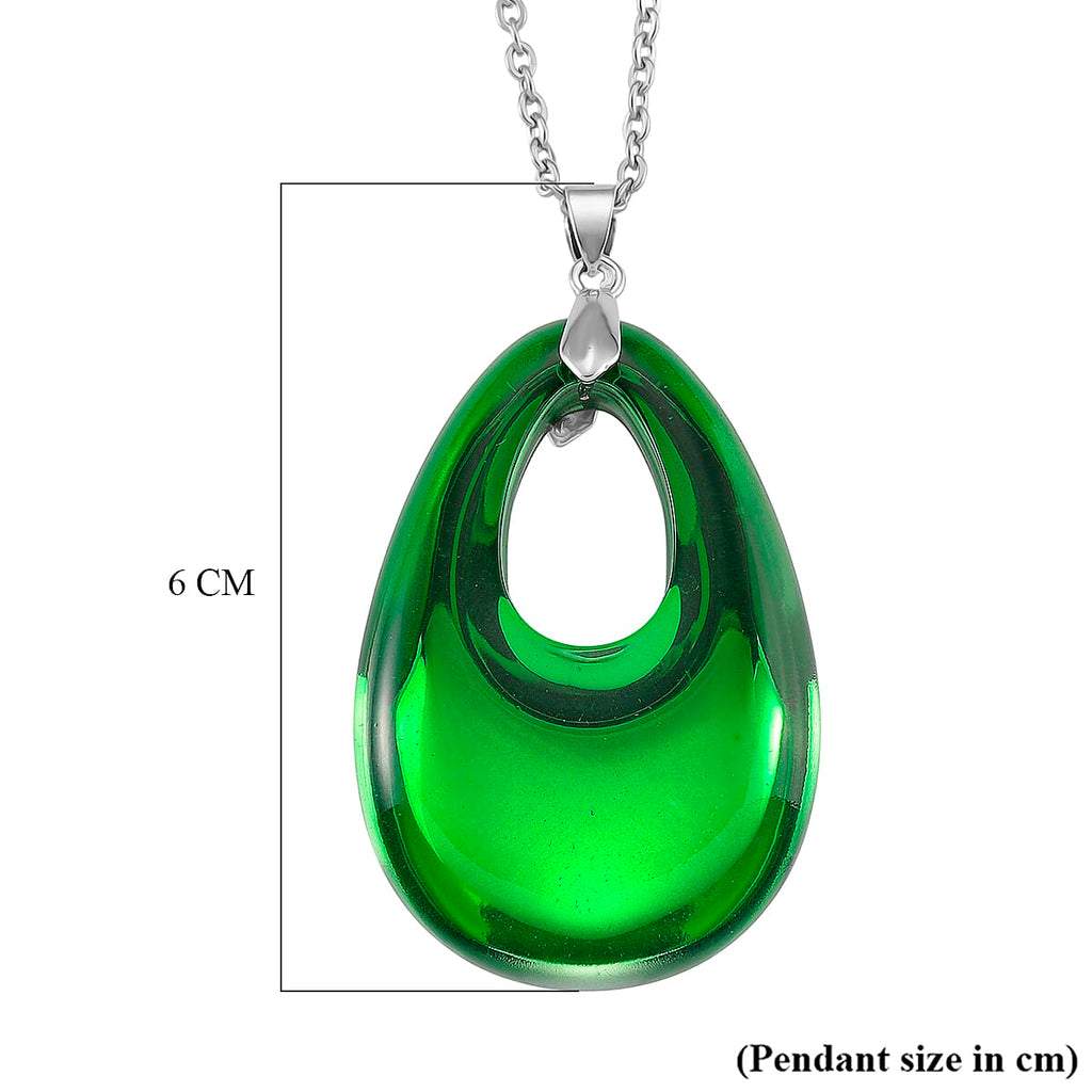 Green Crystal Teardrop Pendant with Chain (Size 24) in Silver Tone