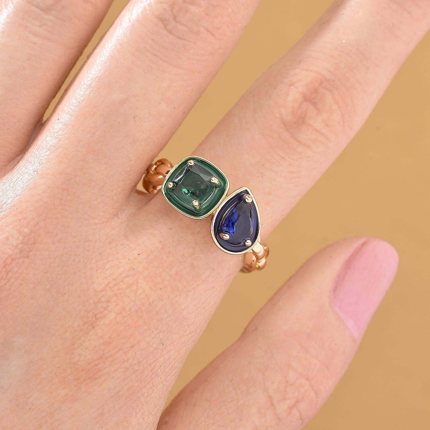 Toi Et Moi Emerald Cubic Zirconia &amp; Sapphire Cubic Zirconia Adjustable Ring 8164037 2
