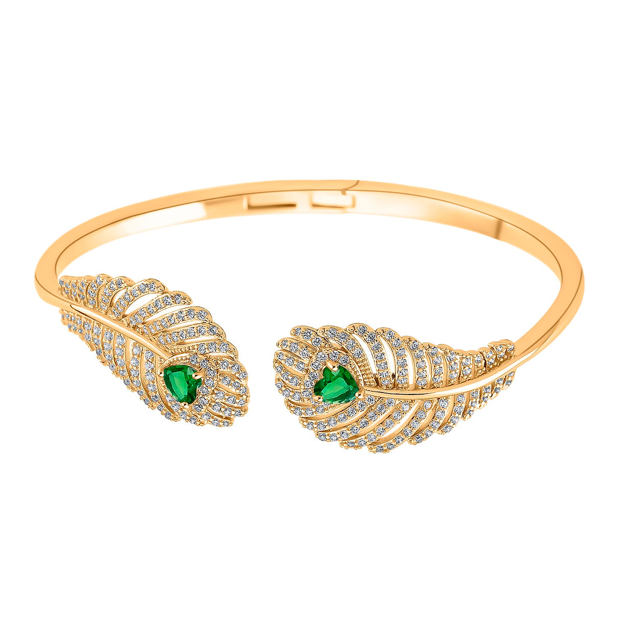 Designer Inspired- Emerald Colour &amp; White Cubic Zirconia Peacock Feather Cuff Bangle (Size -7.5) V32513350 0