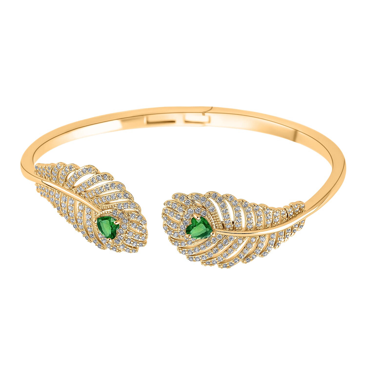 Designer Inspired- Emerald Colour &amp; White Cubic Zirconia Peacock Feather Cuff Bangle (Size -7.5) V32513350 0