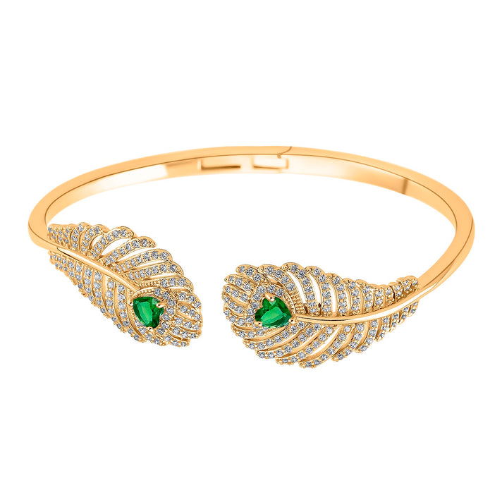 Designer Inspired- Emerald Colour &amp; White Cubic Zirconia Peacock Feather Cuff Bangle (Size -7.5) 8364619 1