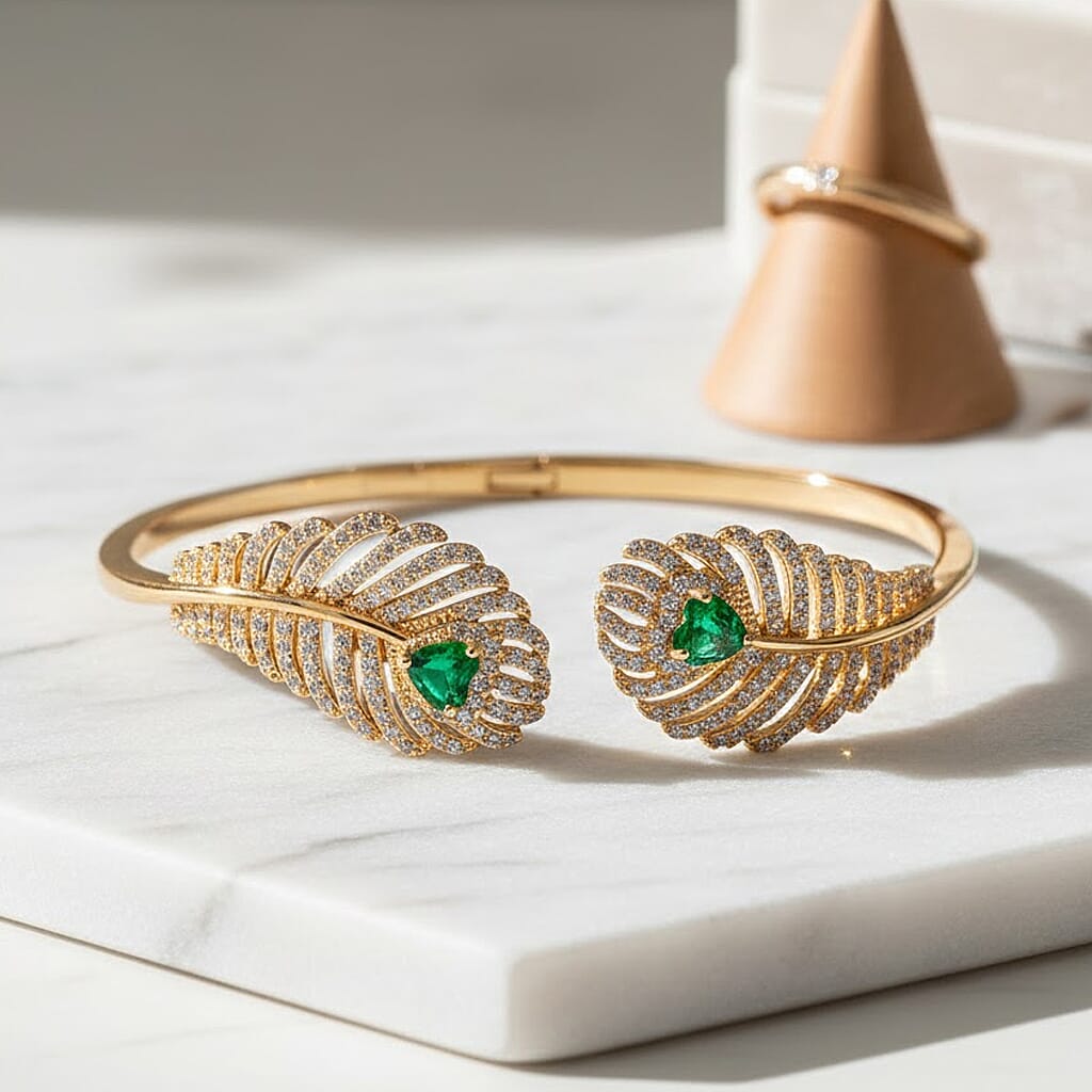 Designer Inspired- Emerald Colour &amp; White Cubic Zirconia Peacock Feather Cuff Bangle (Size -7.5) V32513350 2