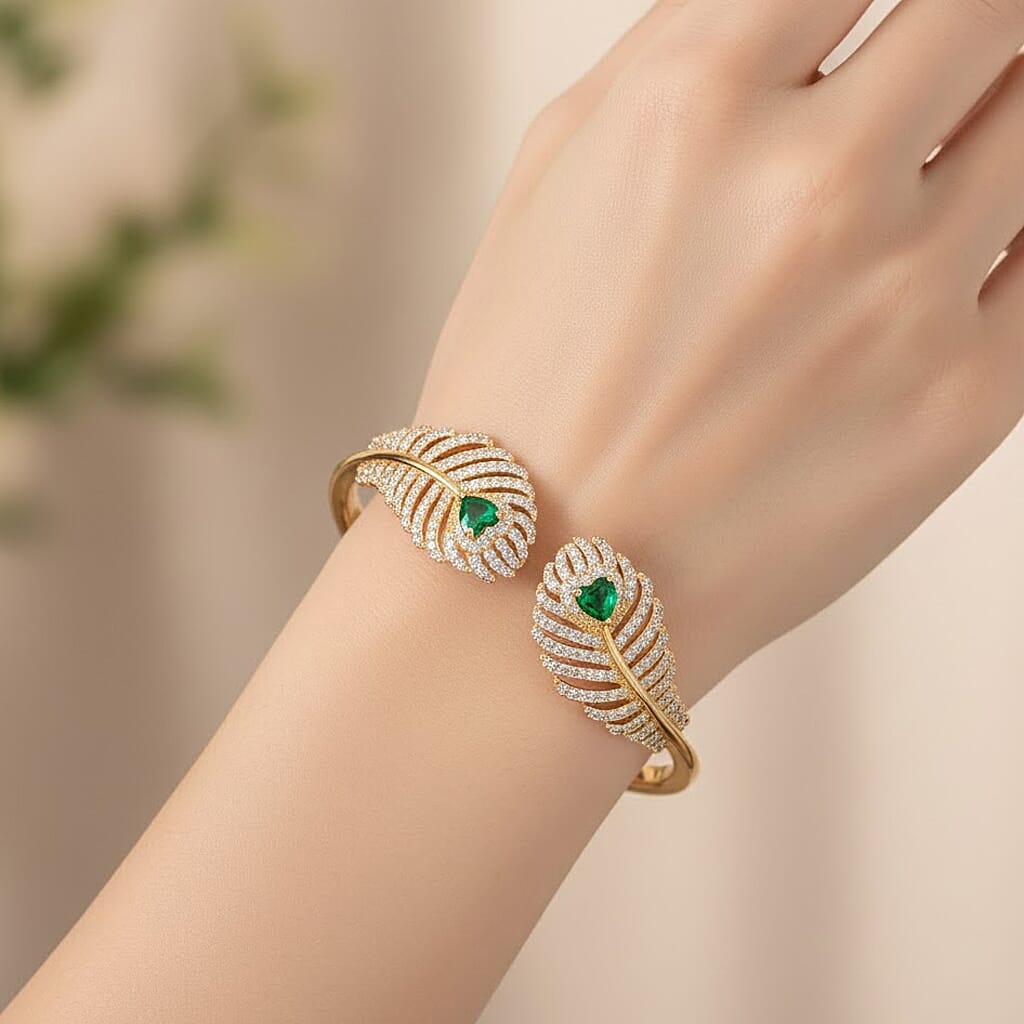 Designer Inspired- Emerald Colour &amp; White Cubic Zirconia Peacock Feather Cuff Bangle (Size -7.5) V32513350 3