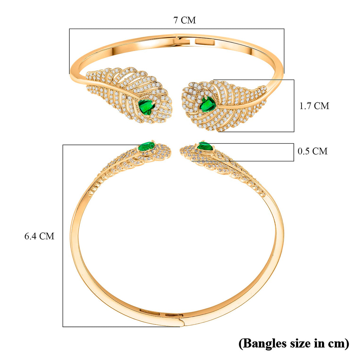 Designer Inspired- Emerald Colour &amp; White Cubic Zirconia Peacock Feather Cuff Bangle (Size -7.5) V32513350 5