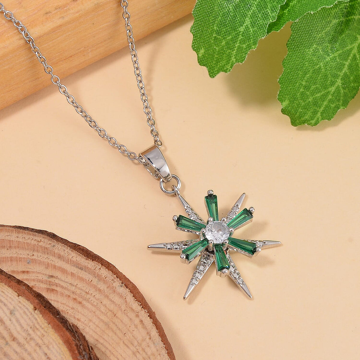 Lustro Stella - Green Cubic Zirconia, White Cubic Zirconia Firework Necklace (Size - 20) 7713370 1