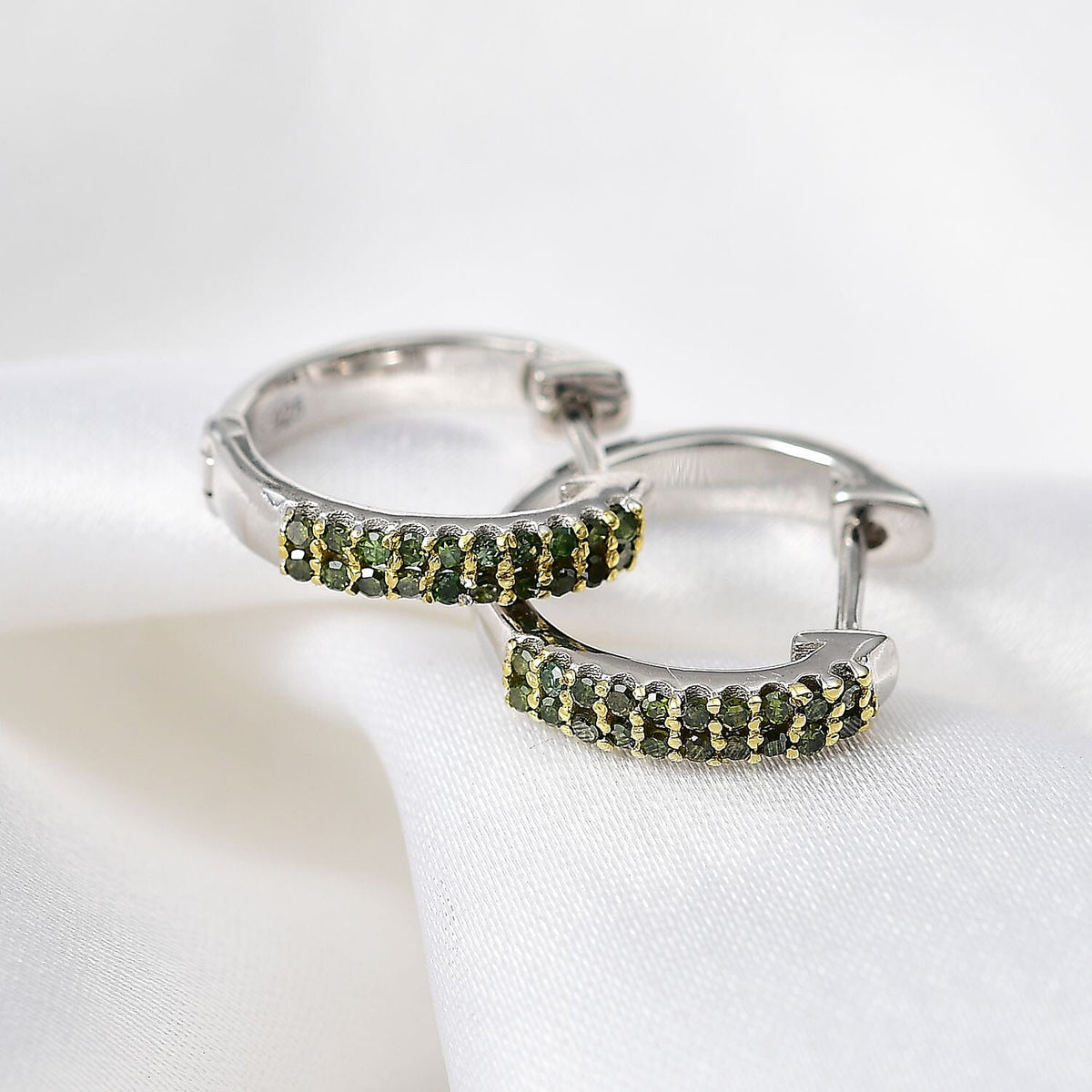 Green Diamond Full Hoop Earring in Rhodium Plated Sterling Silver 7823169 2