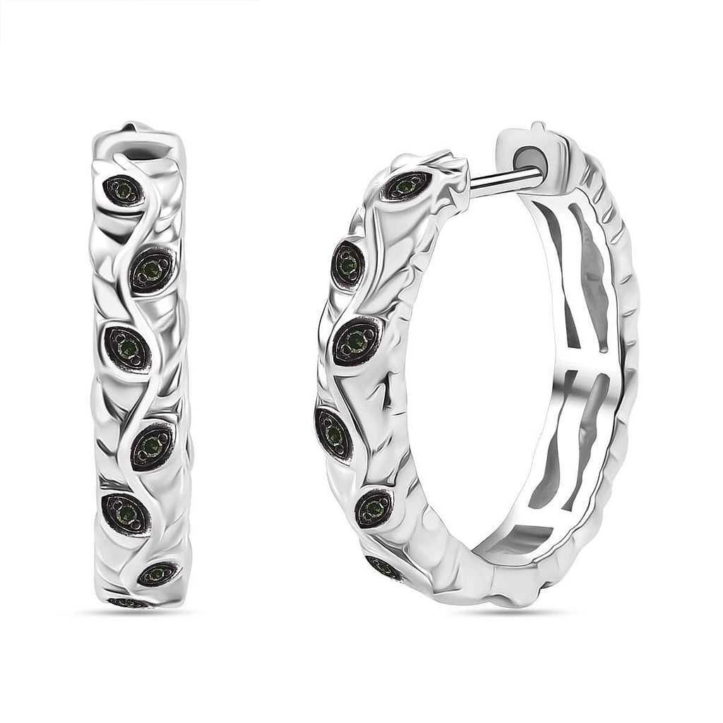 Green Diamond J Hoop Half Hoop Earring with Clasp in Rhodium Overlay Sterling Silver 0.15 Ct.