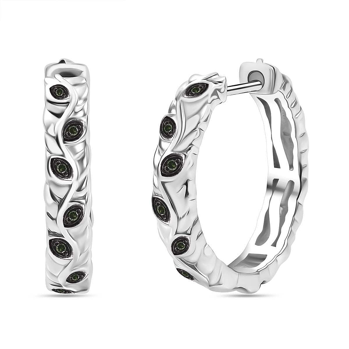 Vine-Inspired Green Diamond Hoop Earring with Clasp in Rhodium Overlay Sterling Silver 7971881 0