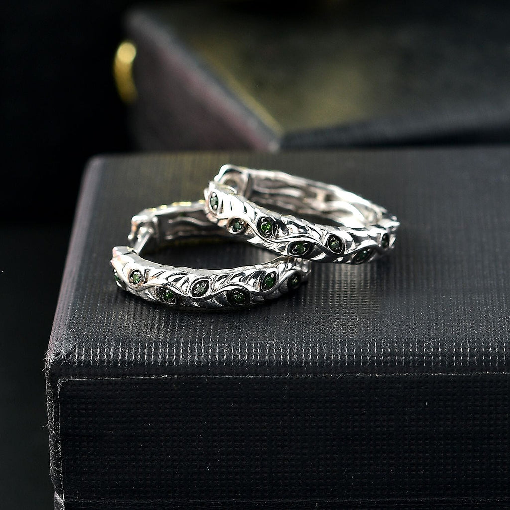 Green Diamond J Hoop Half Hoop Earring with Clasp in Rhodium Overlay Sterling Silver 0.15 Ct.