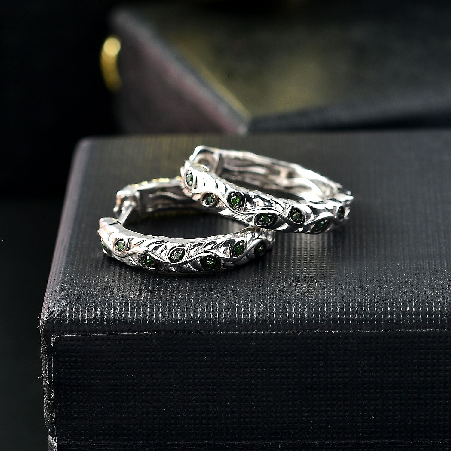 Vine-Inspired Green Diamond Hoop Earring with Clasp in Rhodium Overlay Sterling Silver 7971881 2