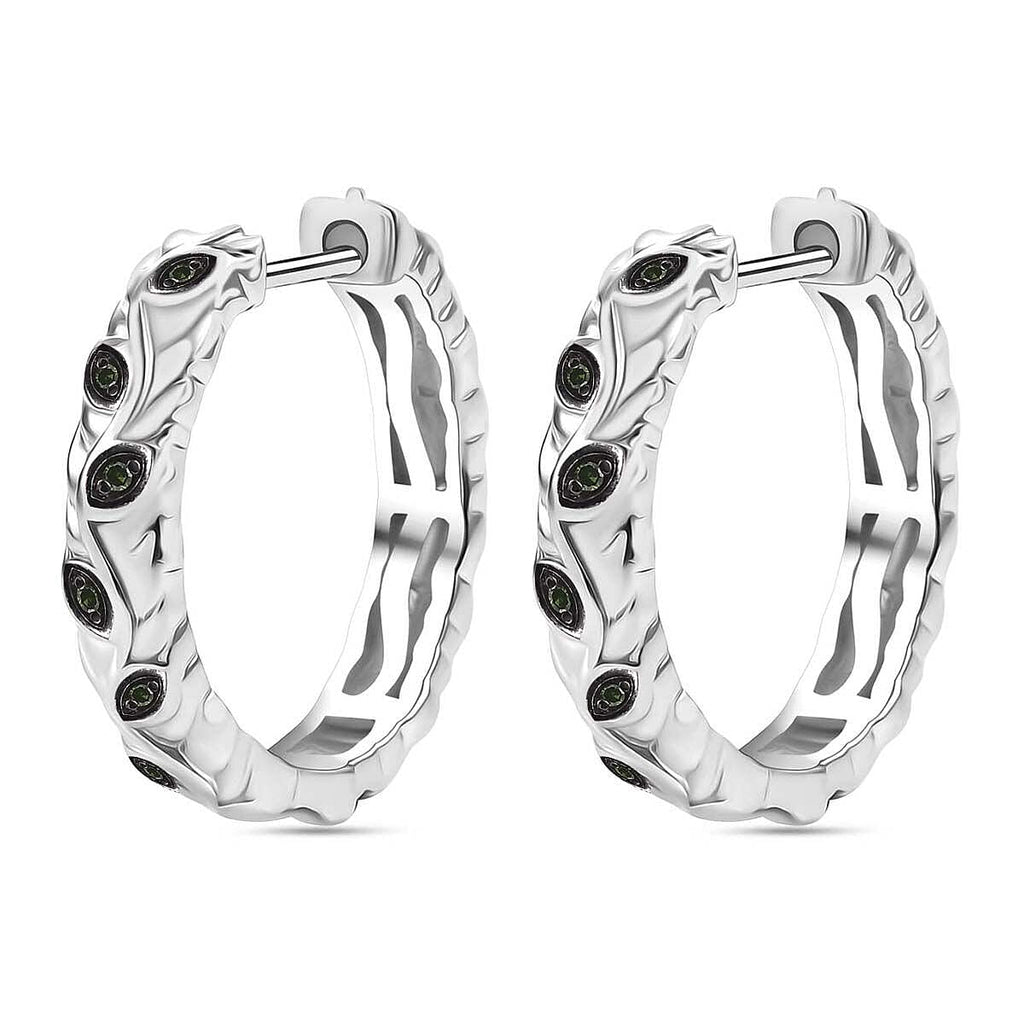 Green Diamond J Hoop Half Hoop Earring with Clasp in Rhodium Overlay Sterling Silver 0.15 Ct.