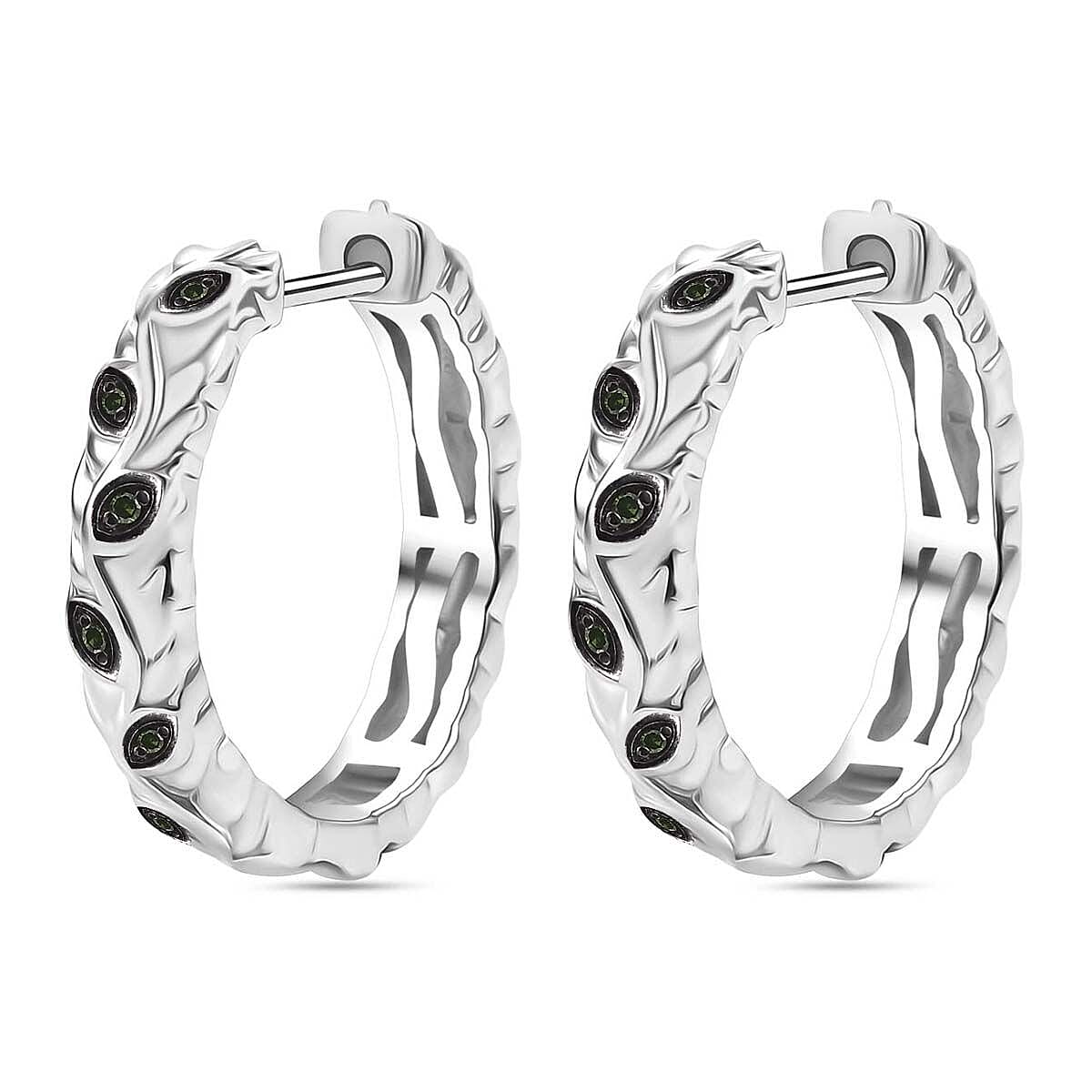 Vine-Inspired Green Diamond Hoop Earring with Clasp in Rhodium Overlay Sterling Silver 7971881 4
