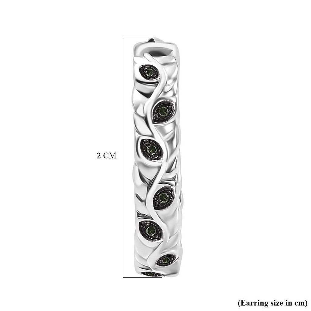 Green Diamond J Hoop Half Hoop Earring with Clasp in Rhodium Overlay Sterling Silver 0.15 Ct.