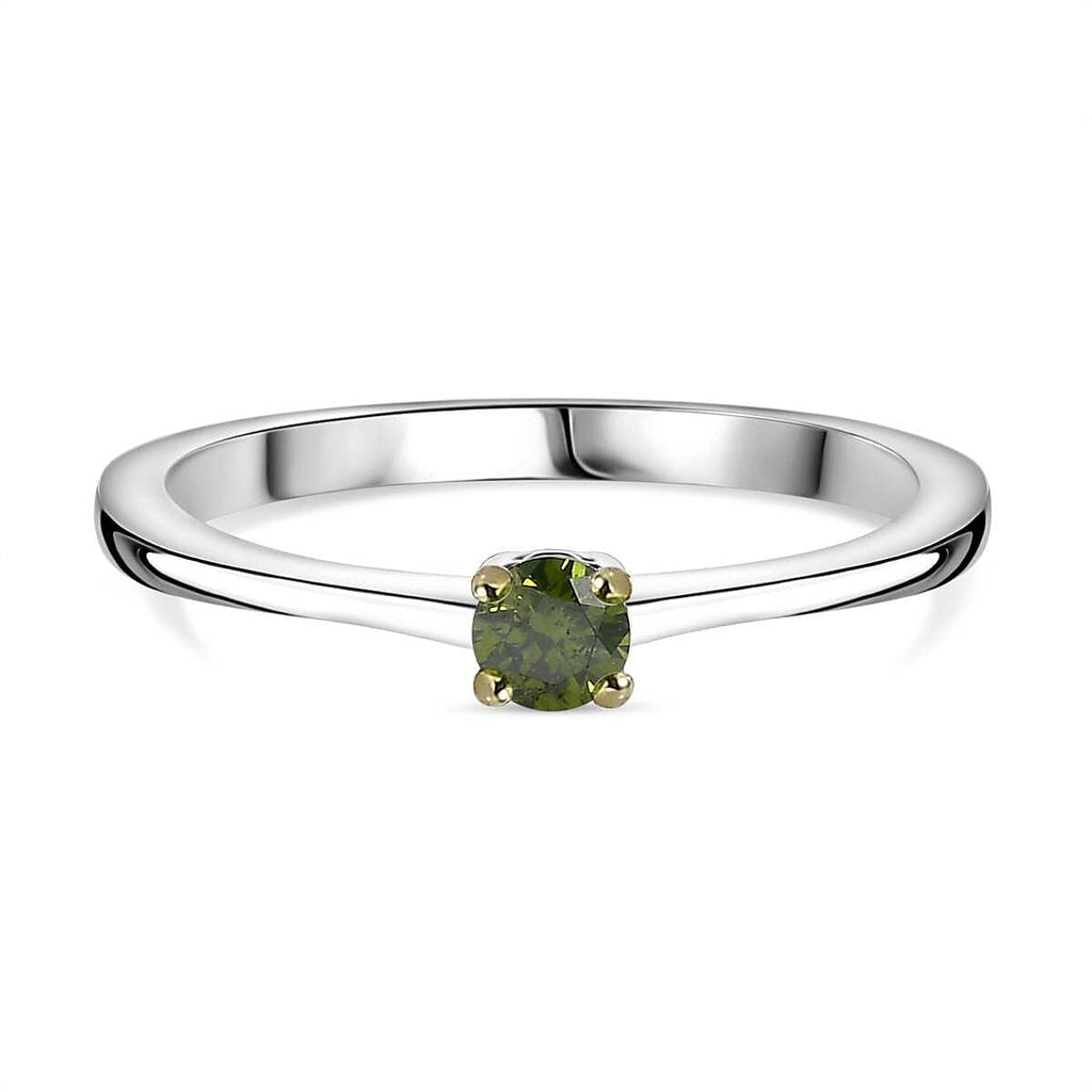Green Diamond Solitaire Ring in Rhodium Overlay Sterling Silver