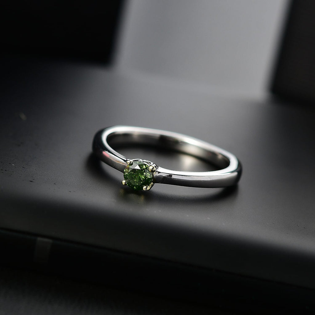 Green Diamond Solitaire Ring in Rhodium Overlay Sterling Silver
