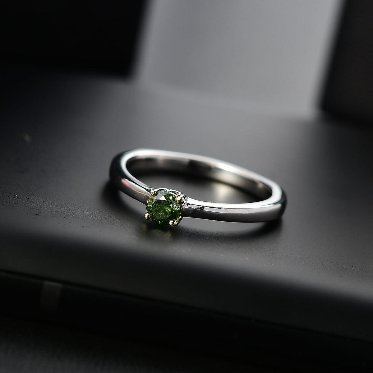Green Diamond Solitaire Ring in Rhodium Overlay Sterling Silver 7950118 2