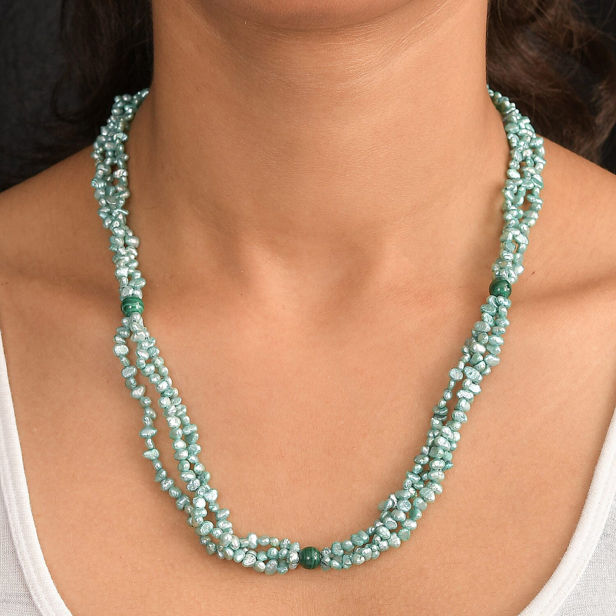 Green Dyed Pearl &amp; Malachite Stone Necklace (Size 34) 280.00 Ct. 8257658 1
