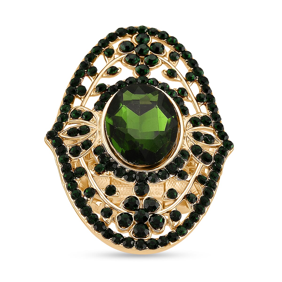 Green Glass &amp; Austrian Green Crystal Vintage Cluster Adjustable Ring in Yellow Gold Tone V32515924 0