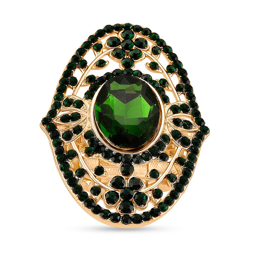 Green Glass & Austrian Green Crystal Vintage Cluster Adjustable Ring in Yellow Gold Tone