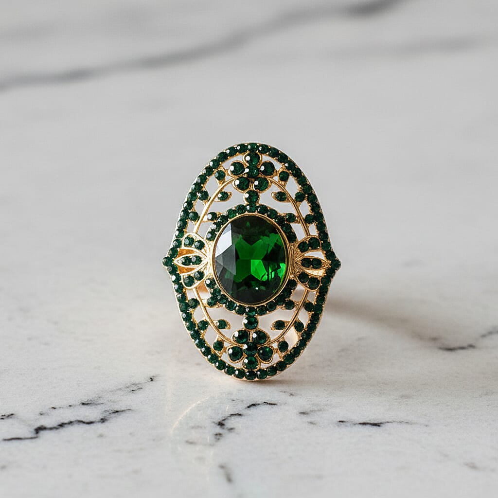 Green Glass &amp; Austrian Green Crystal Vintage Cluster Adjustable Ring in Yellow Gold Tone V32515924 2