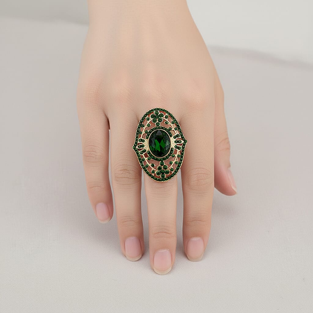 Green Glass &amp; Austrian Green Crystal Vintage Cluster Adjustable Ring in Yellow Gold Tone V32515924 3