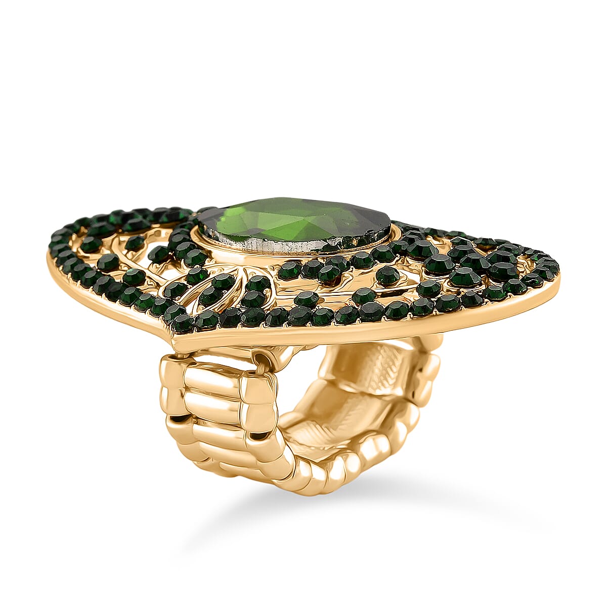 Green Glass &amp; Austrian Green Crystal Vintage Cluster Adjustable Ring in Yellow Gold Tone V32515924 4