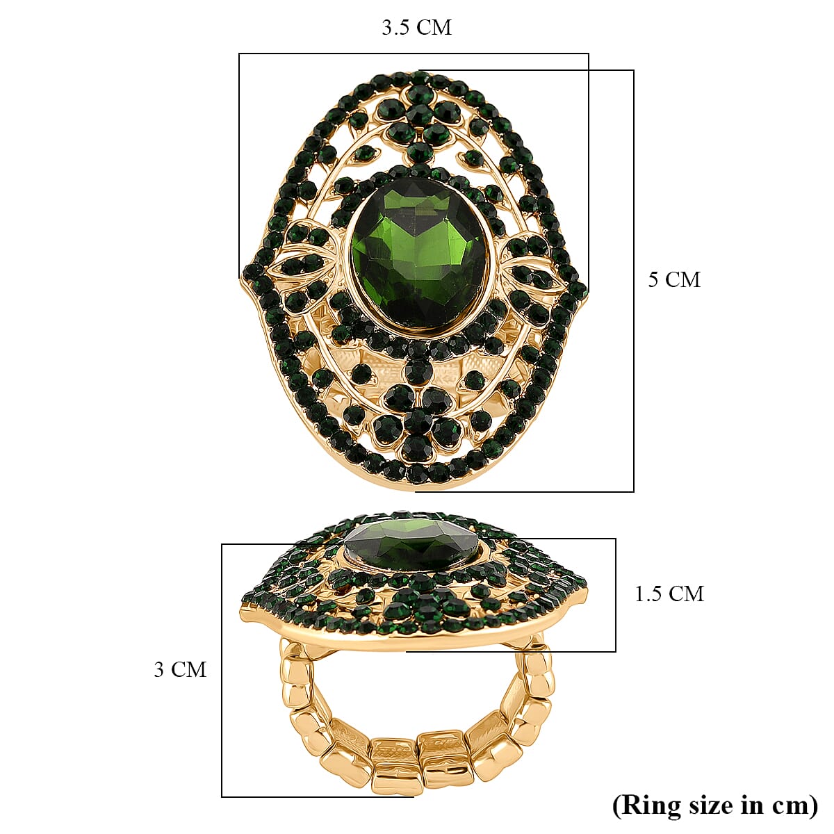 Green Glass &amp; Austrian Green Crystal Vintage Cluster Adjustable Ring in Yellow Gold Tone V32515924 6