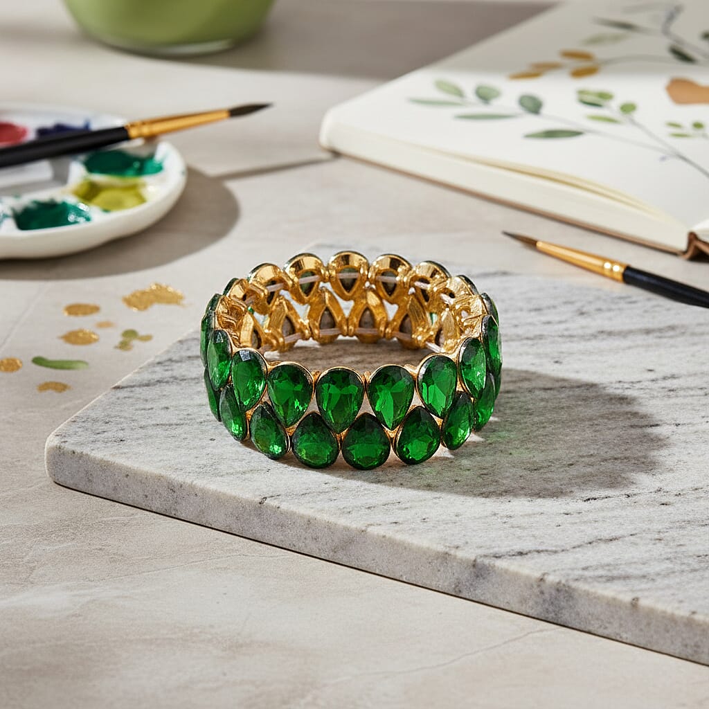 Green Glass Pear Stretchable Bracelet in Yellow Gold Tone V32520520 2