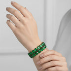 Green Glass Pear Stretchable Bracelet in Yellow Gold Tone