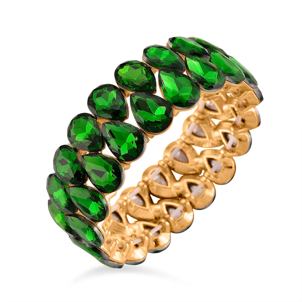 Green Glass Pear Stretchable Bracelet in Yellow Gold Tone V32520520 4