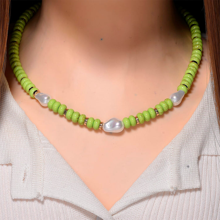 Green Howlite &amp; White Shell Pearl Necklace (Size 20 - 2 Ext) 200.00 Ct. V32646198 2