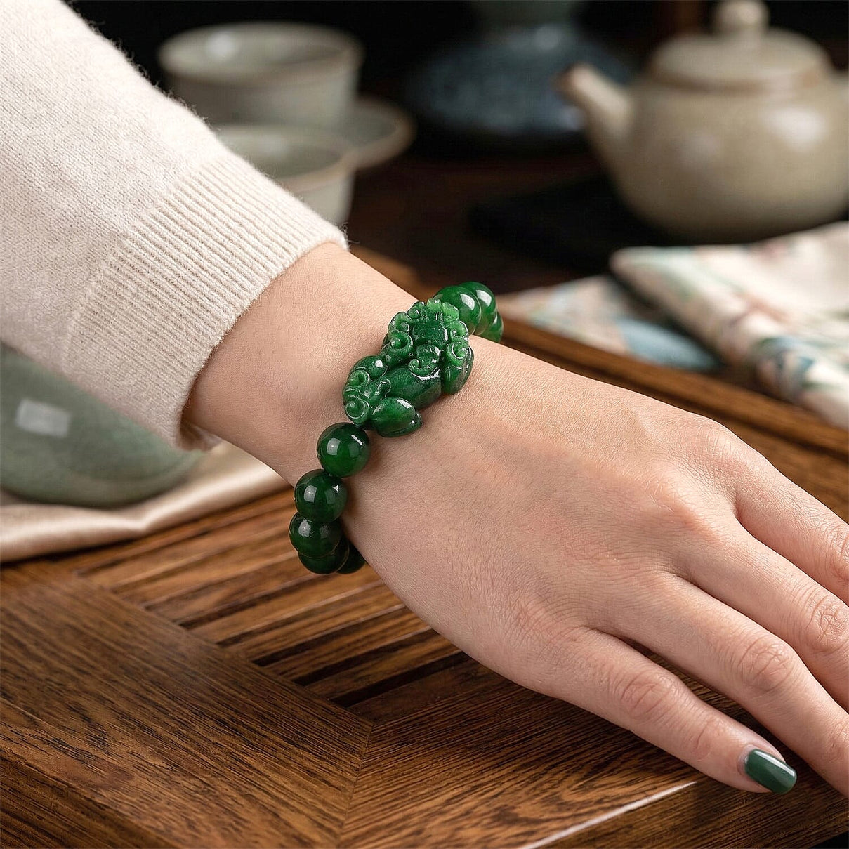 Enhanced Green Jade Beads Curving Cut Adjustable Bracelet (Size - 7.5) 300.00 Ct. 8519747 2
