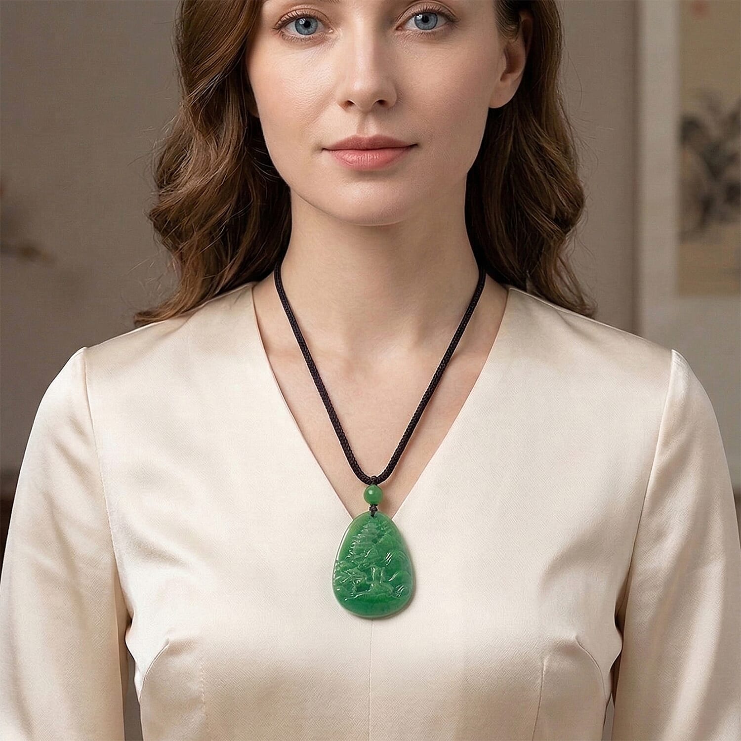 Enhanced Green Jade Beads Curving Cut Necklace (Size - 28) with Adjustable Cotton Thread 85.00 Ct. 8497953 2