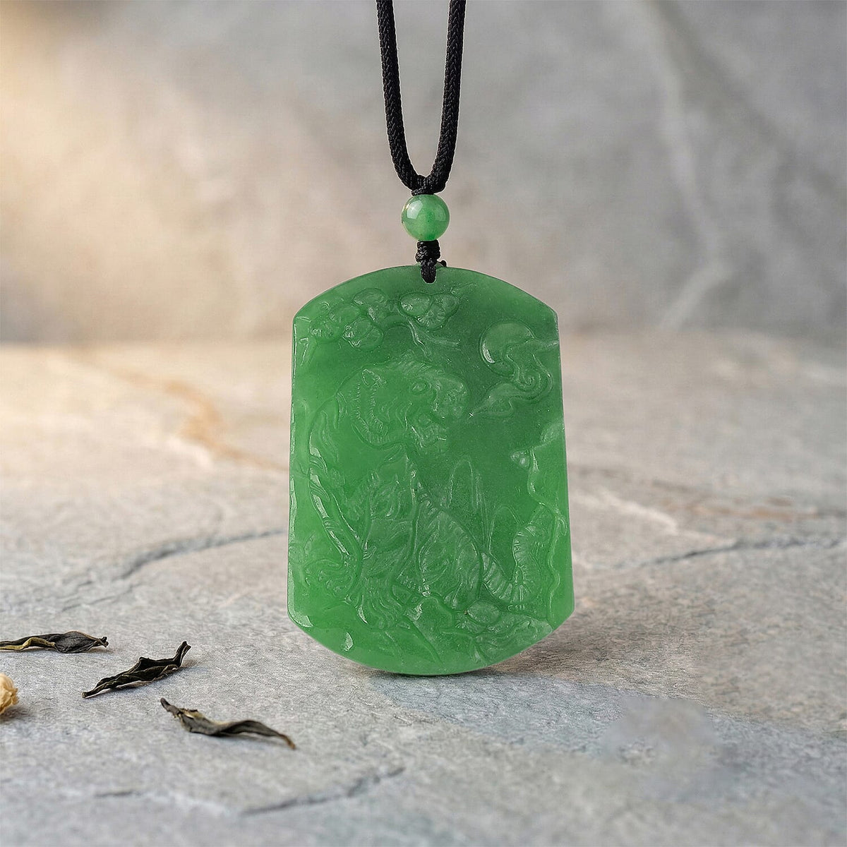 Enhanced  Carved Tiger Burmese Green Jade Beads Necklace (Size - 28) with Adjustable Cotton Thread 110.00 Ct. V32514933 3
