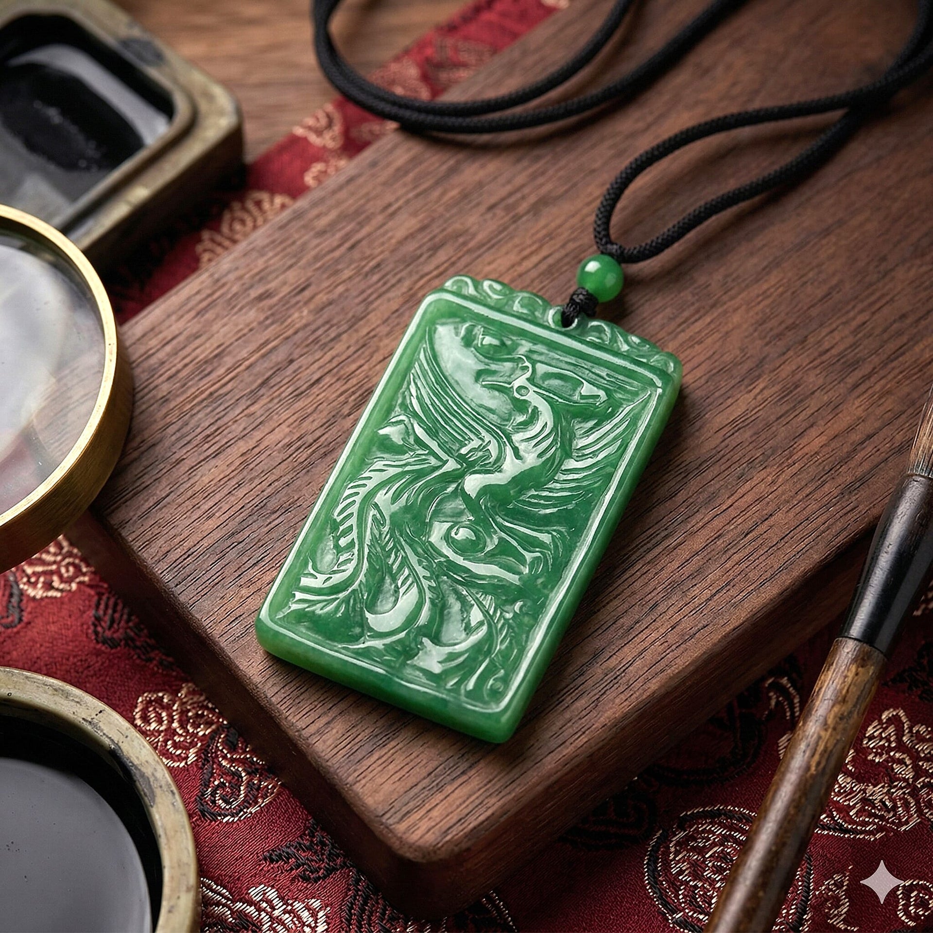 Enhanced Green Jade Beads Phoenix Carved Necklace (Size - 28) with Adjustable Cotton Thread 175.00 Ct. 8378673 2
