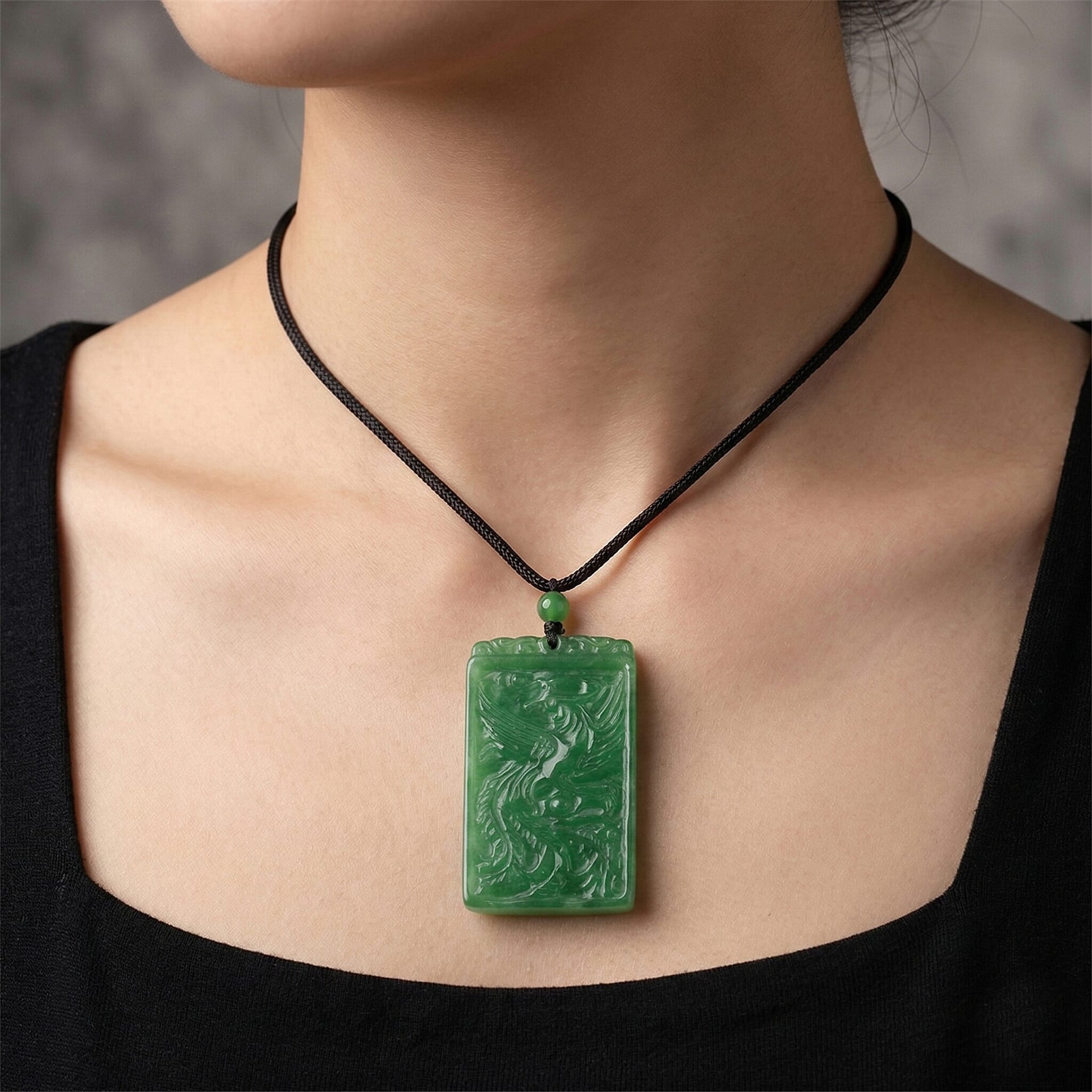 Enhanced Green Jade Beads Phoenix Carved Necklace (Size - 28) with Adjustable Cotton Thread 175.00 Ct. 8378673 3