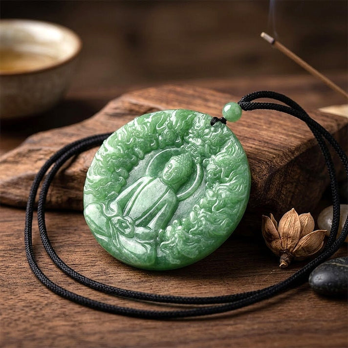 Enhanced Green Jade Beads Double-Sided Carving Necklace (Size - 28) with Adjustable Cotton Thread 220.00 Ct. 8378672 2