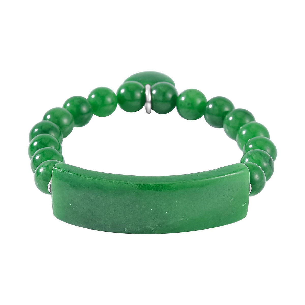 Green Jade Bracelet (Size - 7 Stretchable) in Rhodium Overlay Sterling Silver 190.00 Ct. 8098765 0