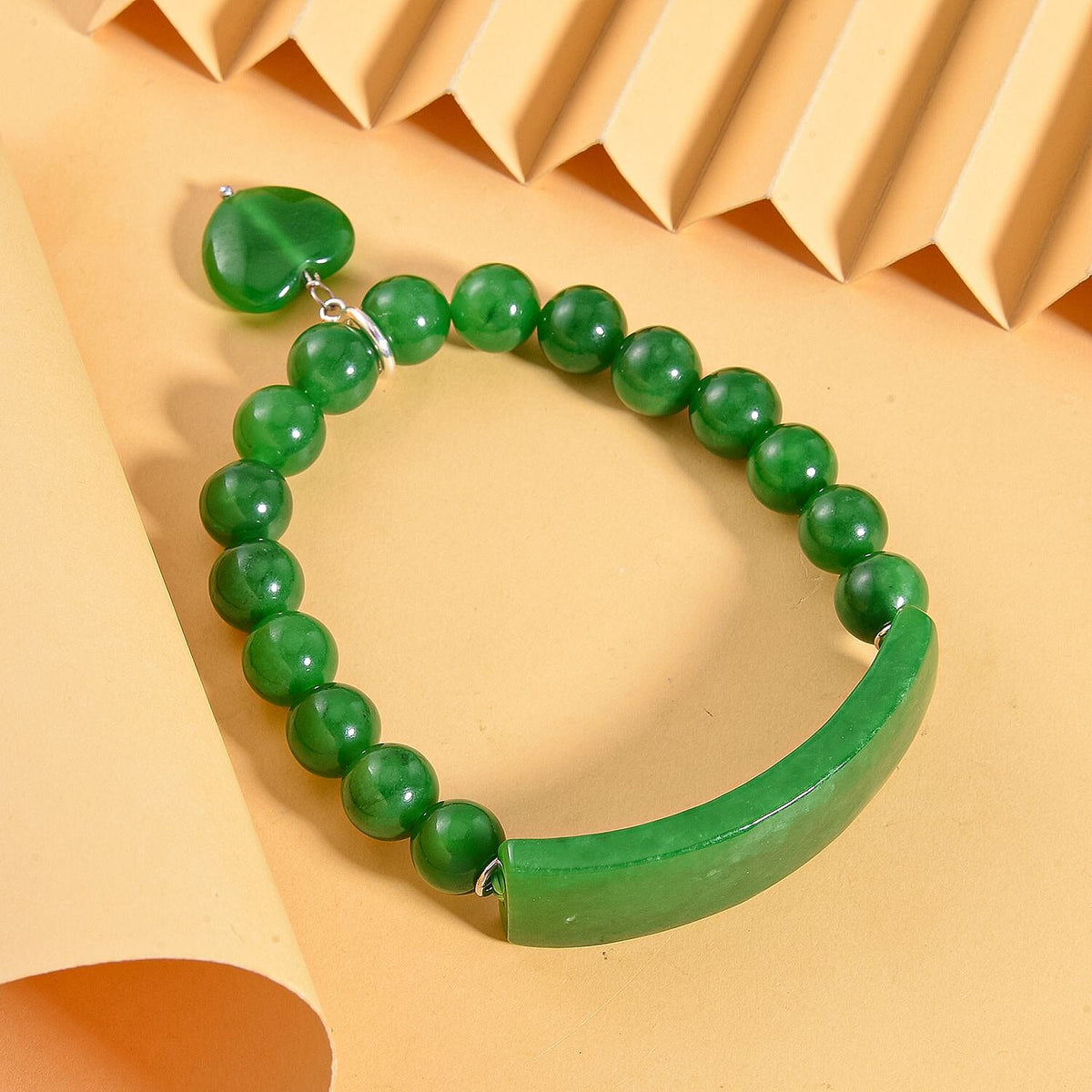 Green Jade Bracelet (Size - 7 Stretchable) in Rhodium Overlay Sterling Silver 190.00 Ct. 8098765 1