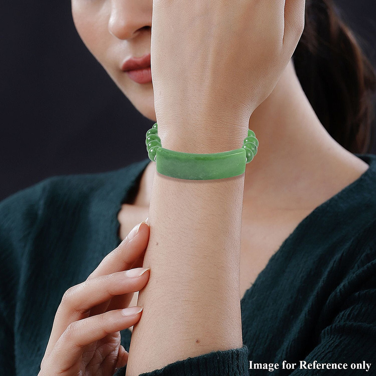 Green Jade Bracelet (Size - 7 Stretchable) in Rhodium Overlay Sterling Silver 190.00 Ct. 8098765 2