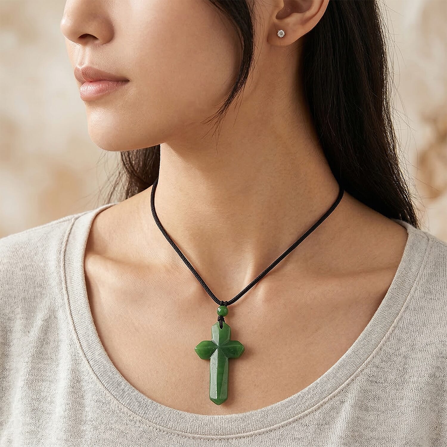Green Jadeite Carved Cross Adjustable Necklace (Size - 28) 8497945 2