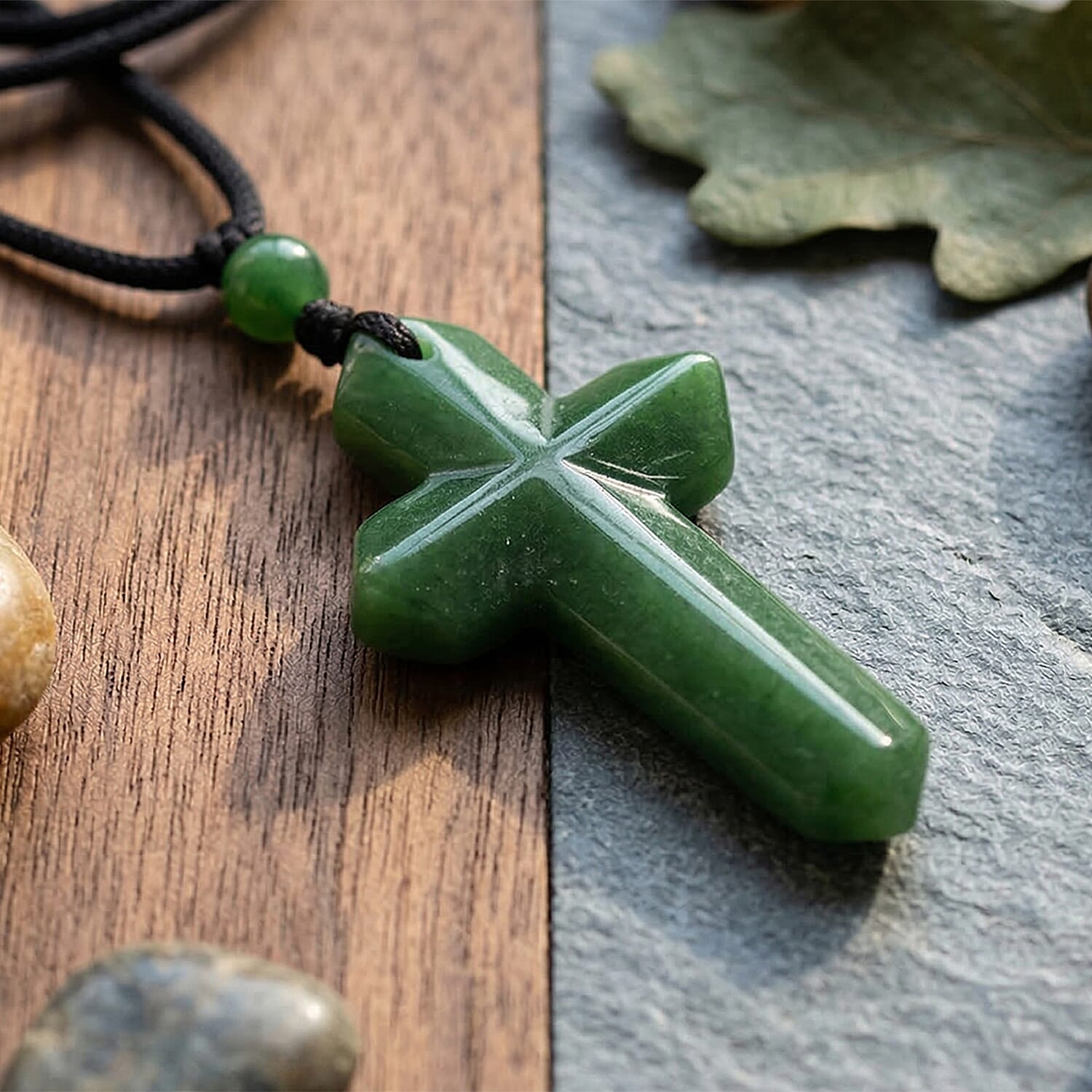Green Jadeite Carved Cross Adjustable Necklace (Size - 28) 8497945 3