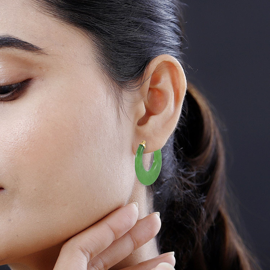 Green Jade Circle Earrings in Yellow Gold Plated Sterling Silver 70.00 Ct.