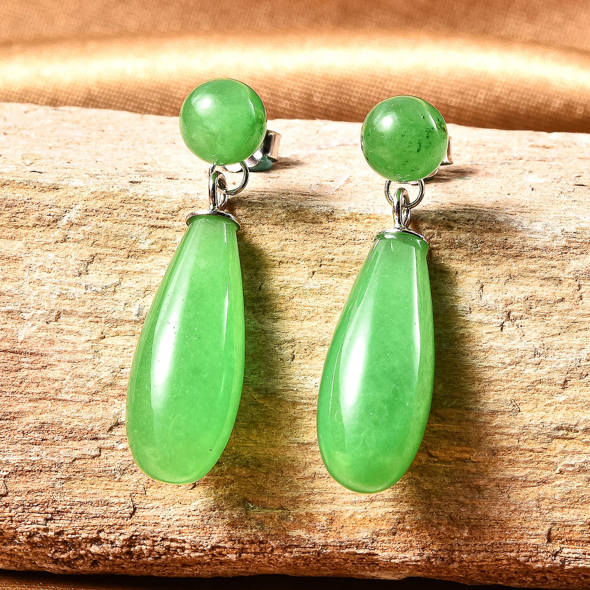 Green Jade Drop Earrings in Rhodium Overlay Sterling Silver 26.00 Ct 7758906 2