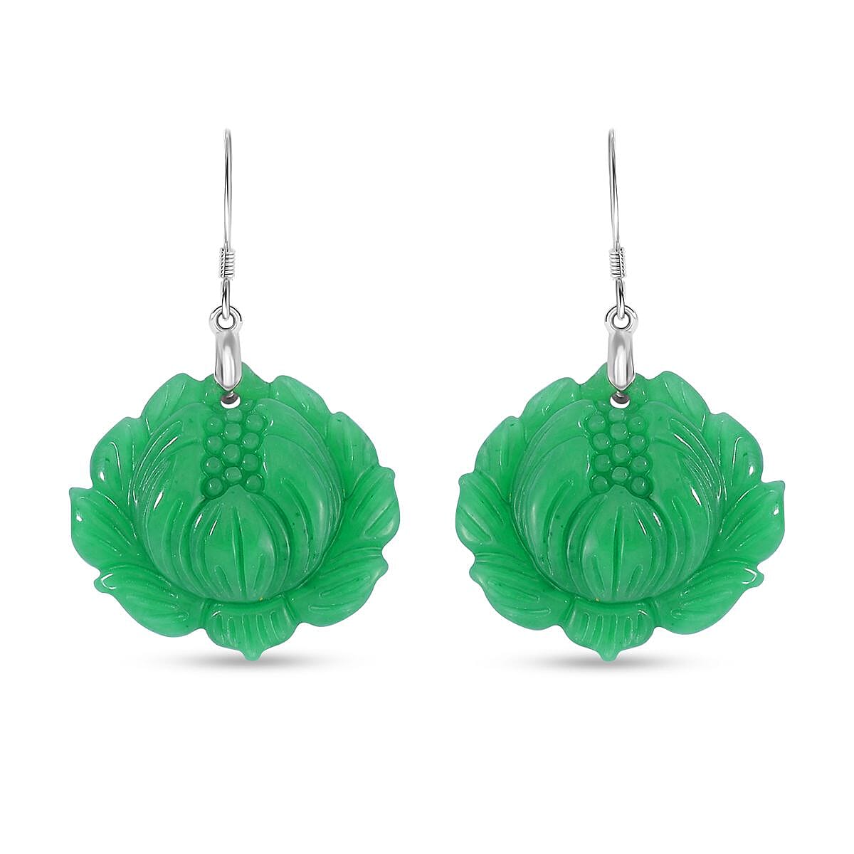Hand Carved Green Jadeite Jade Earrings in Rhodium Overlay Sterling Silver 61.00 Ct. 3319428 0