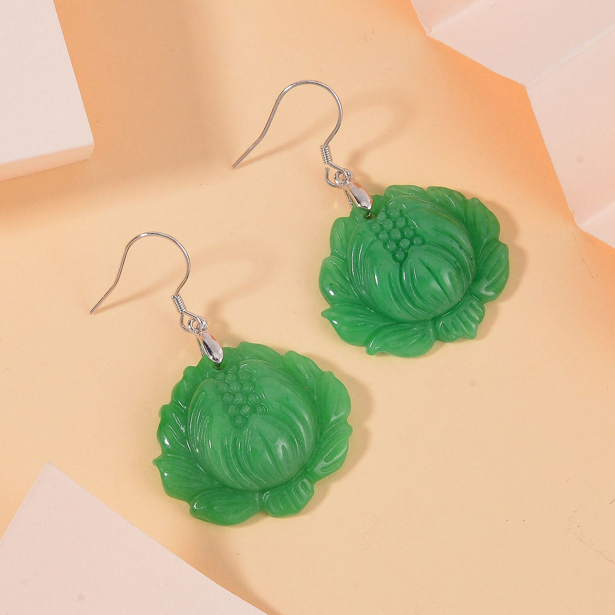 Hand Carved Green Jadeite Jade Earrings in Rhodium Overlay Sterling Silver 61.00 Ct. 3319428 2